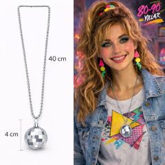 Retro Disko Topu Şekilli 80 ler 90 lar Gümüş Renk Plastik Kolye