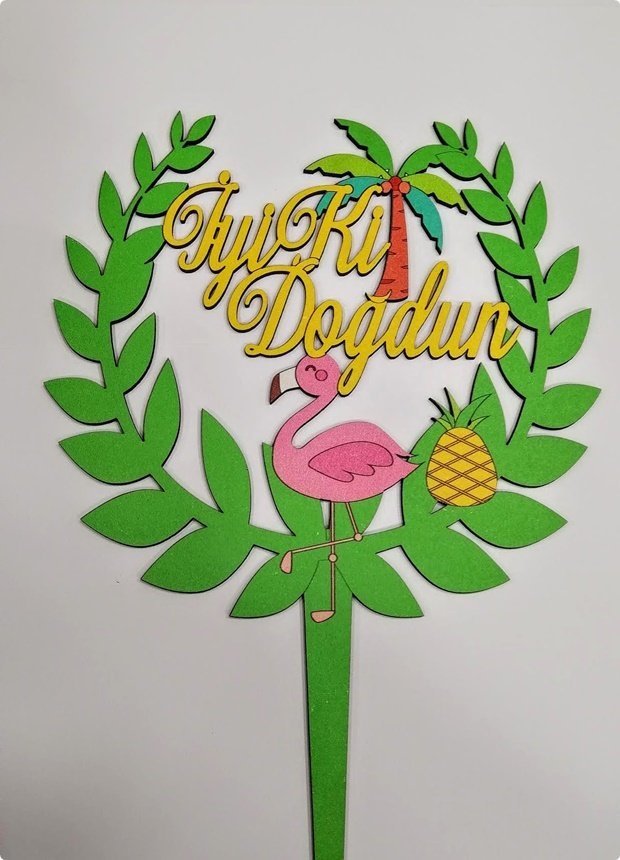 Flamingo Konseptli Ahşap Pasta Üzeri Çubuk