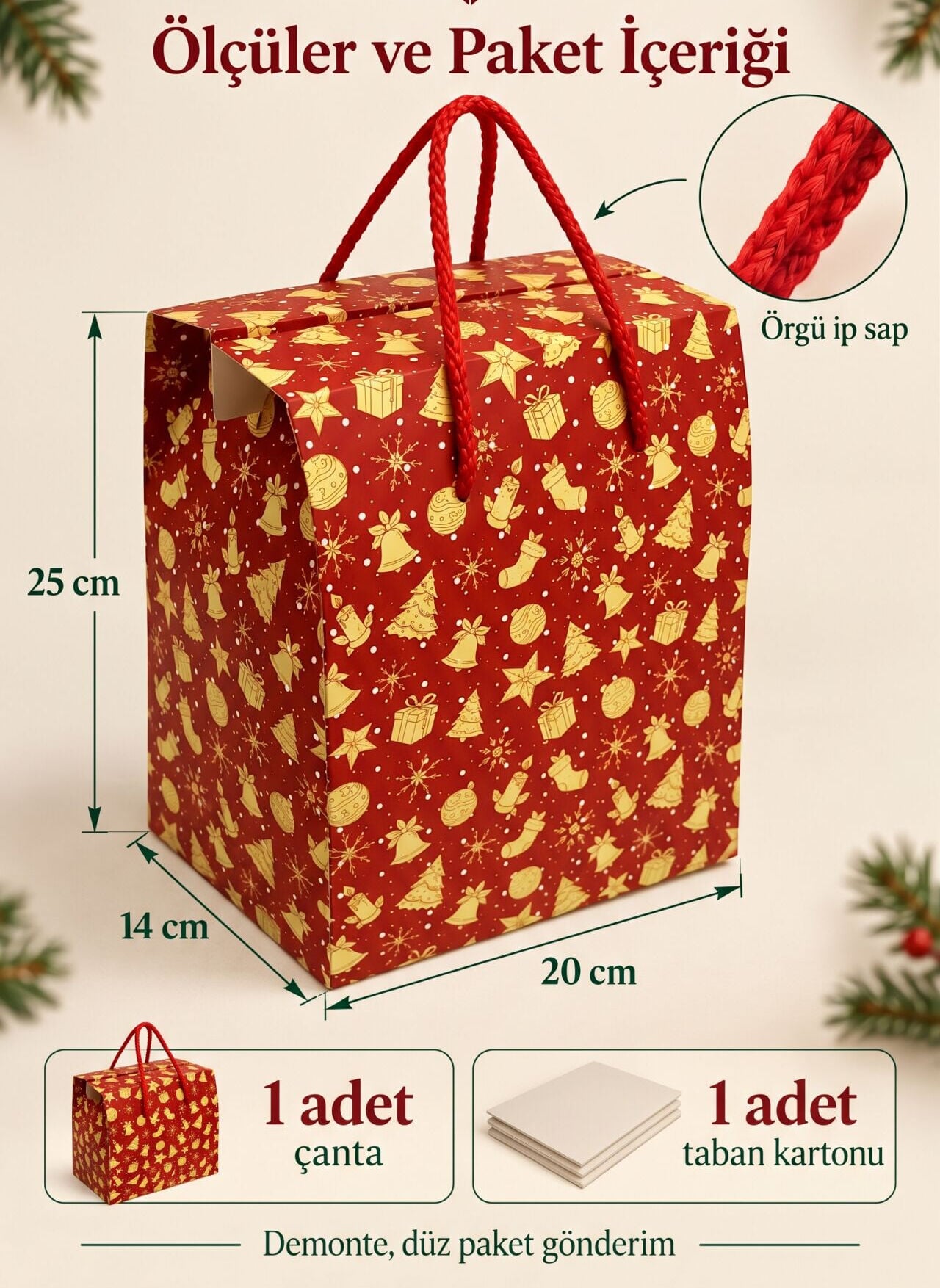 6 lı Paket 20x25x14 cm Kırmızı zemin Yılbaşı desenli Karton çanta