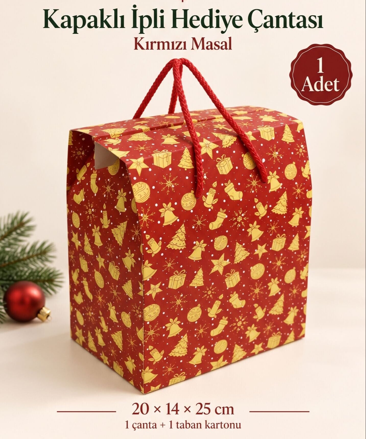 6 lı Paket 20x25x14 cm Kırmızı zemin Yılbaşı desenli Karton çanta