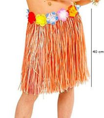 Yetişkin ve Çocuk Uyumlu Turuncu Renk Püsküllü Hawaii Luau Hula Etek 40 cm