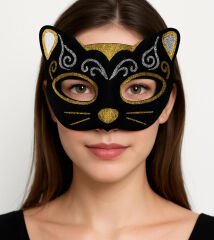 Kadife Dokulu Sim Detaylı Işıltılı Kedi Maskesi Altın Gümüş 20x13 cm