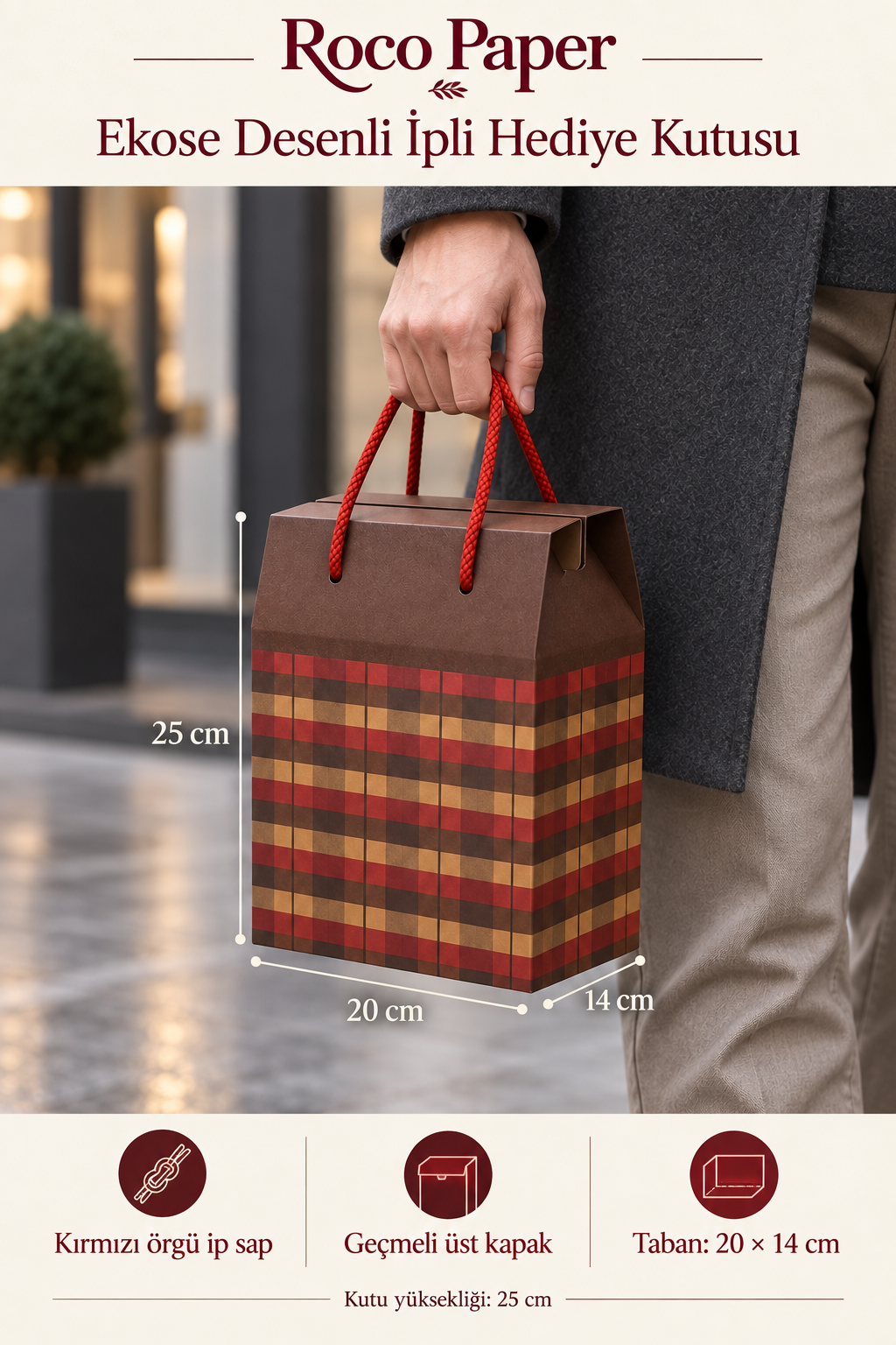 İpli Kapaklı Kutu Çanta 20x25x14 cm 6'lı Paket Ekose Desenli Kraft