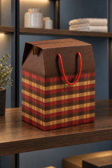 İpli Kapaklı Kutu Çanta 20x25x14 cm 6'lı Paket Ekose Desenli Kraft