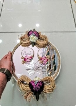 Jüt İpli Süslü Yuvarlak aynalı Söz-NişanTepsisi,(Çift Yüzük Yükselteç,Makas Hediyeli) Set