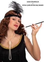 1920'ler Gatsby Aksesuar Seti – Siyah Charleston Saç Bandı & Sigaralık
