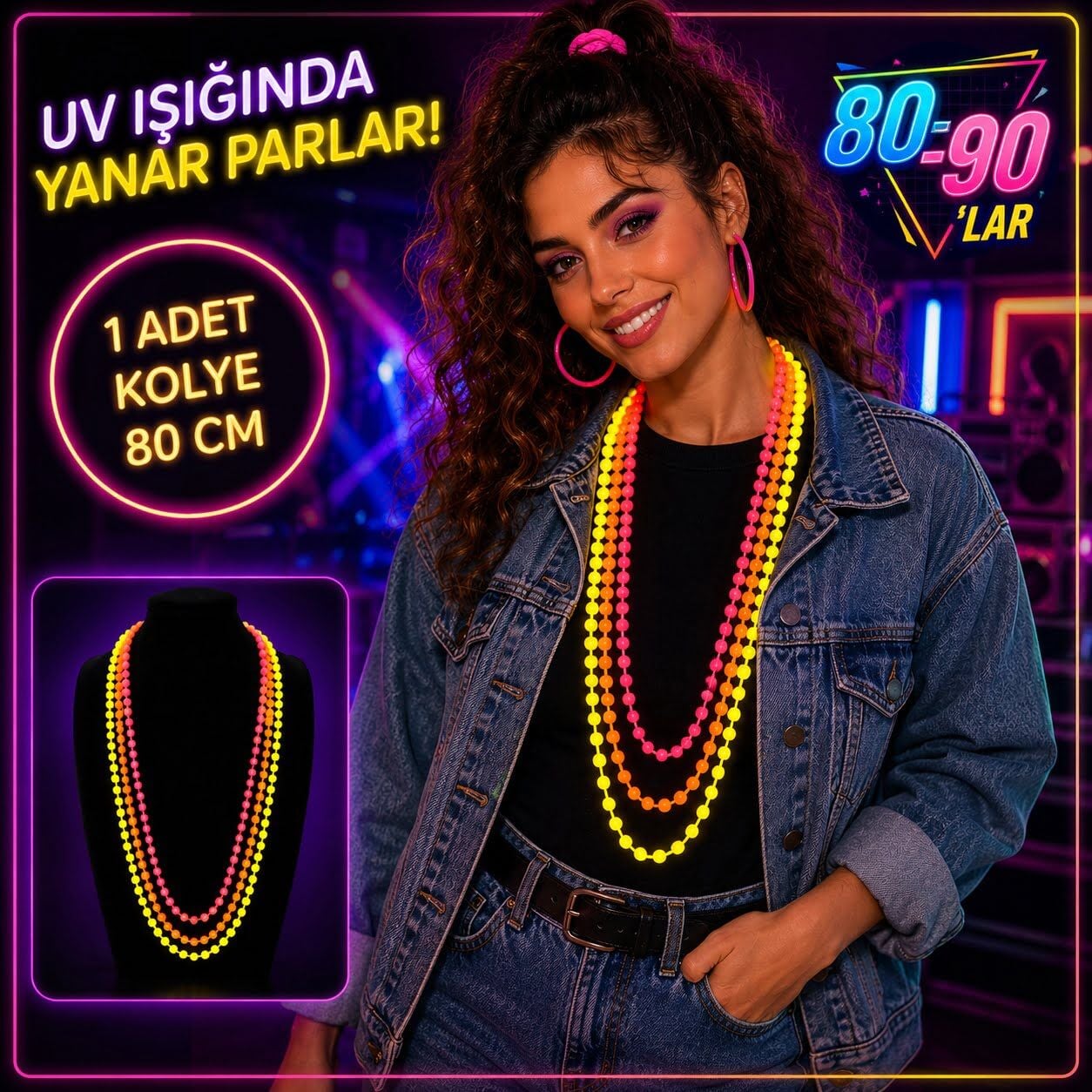 80'ler 90'lar UV Glow Parti Kolyesi 3'lü Set