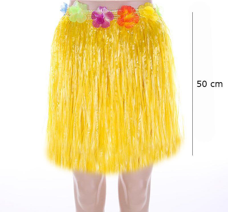 Yetişkin ve Çocuk Uyumlu Sarı Renk Püsküllü Hawaii Luau Hula Etek 50 cm