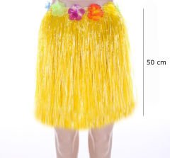 Yetişkin ve Çocuk Uyumlu Sarı Renk Püsküllü Hawaii Luau Hula Etek 50 cm