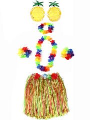 Yetişkin ve Çocuk Uyumlu Luau Aloha Hawaii Rengarenk 40 cm Etek Ananas Şekilli Gözlük Hawaii Kolye Renkli Taç ve 2 Adet Bileklik Seti