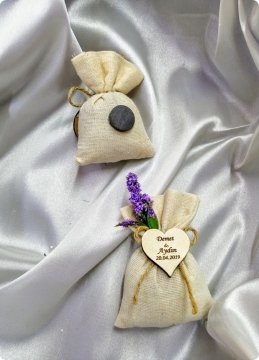 10 lu Süslü, Ahşap kalpli Keten Kumaşlı Mini Lavanta Kesesi 10 Adet / Paket