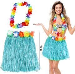 Hawaii Luau Aloha Mavi Püsküllü 40 cm Etek ve Hawaii Kolye Seti