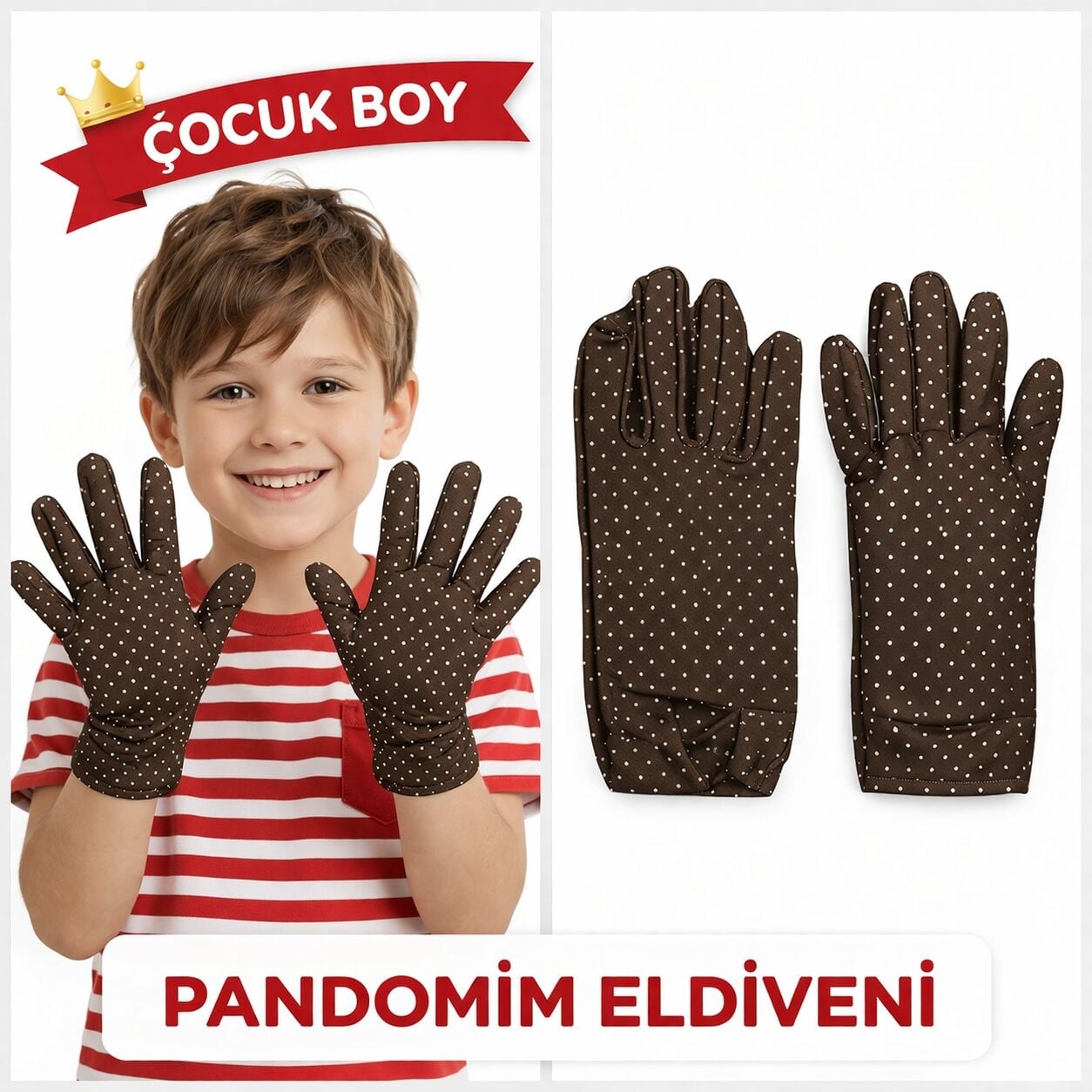 Çocuk Boy Pandomim Eldiveni Beyaz Puantiyeli Kahve Renk Gösteri Eldiveni 23 Nisan 19 Mayıs