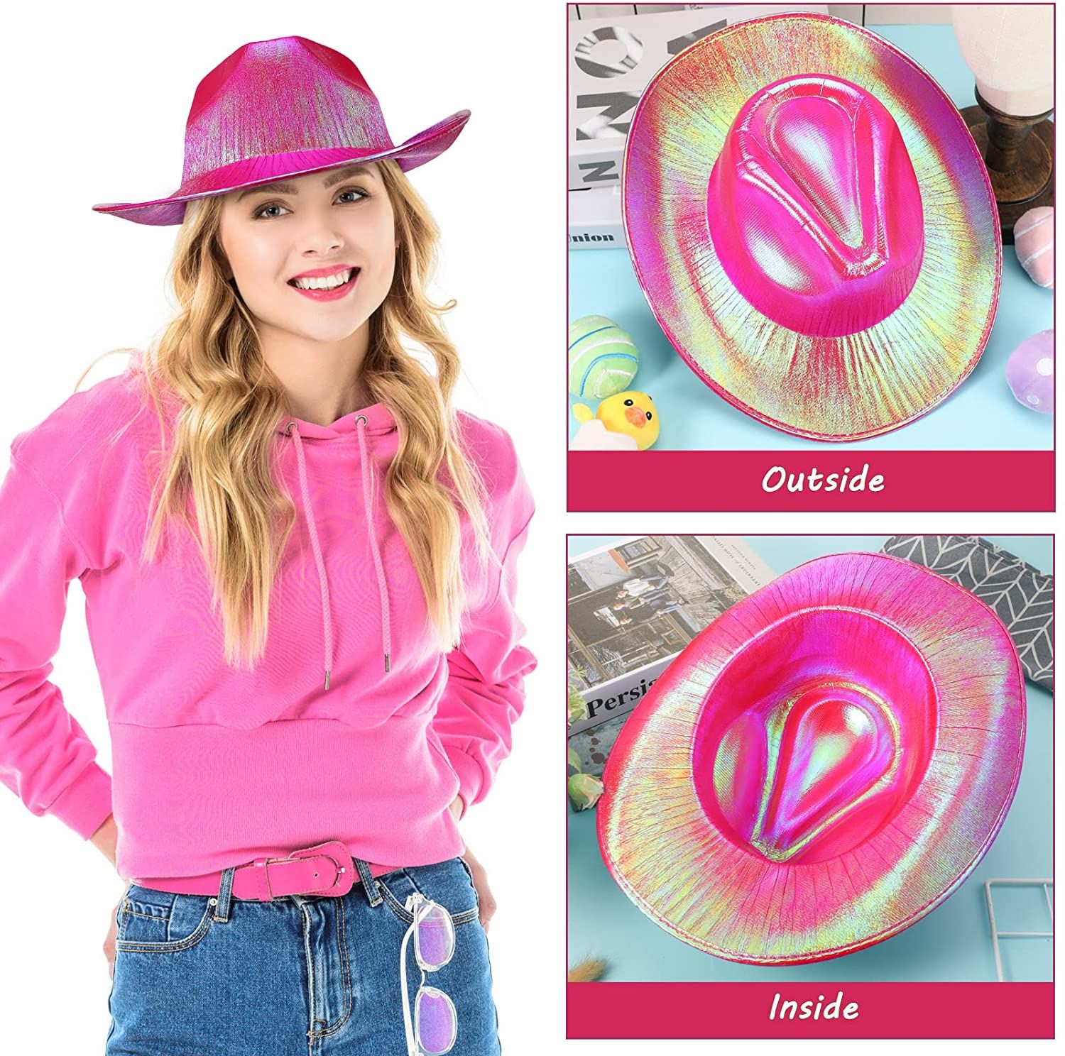 Neon Hologramlı Kovboy Model Parti Şapkası Fuşya Yetişkin 39X36X14 cm