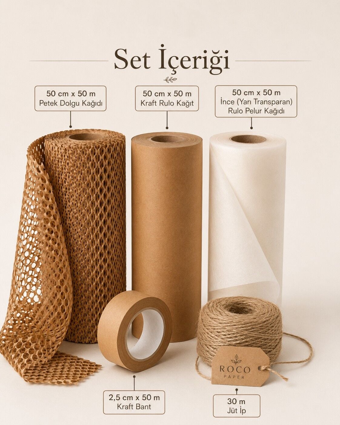 Kraft Rulo Ambalaj Paketleme Seti Petek Kağıt, Kraft Kağıt, Pelur Kağıt, Bant ve Jüt İp