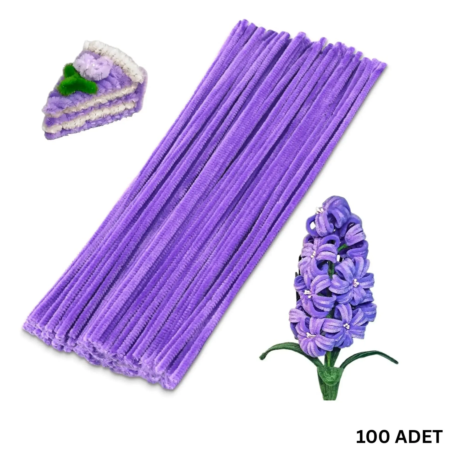 100 lü Şönil Tel (El İşi, DIY, Hobi ve Çiçek Yapım Teli) 6 mm - 30 Cm Mor - 100 Adet / Paket