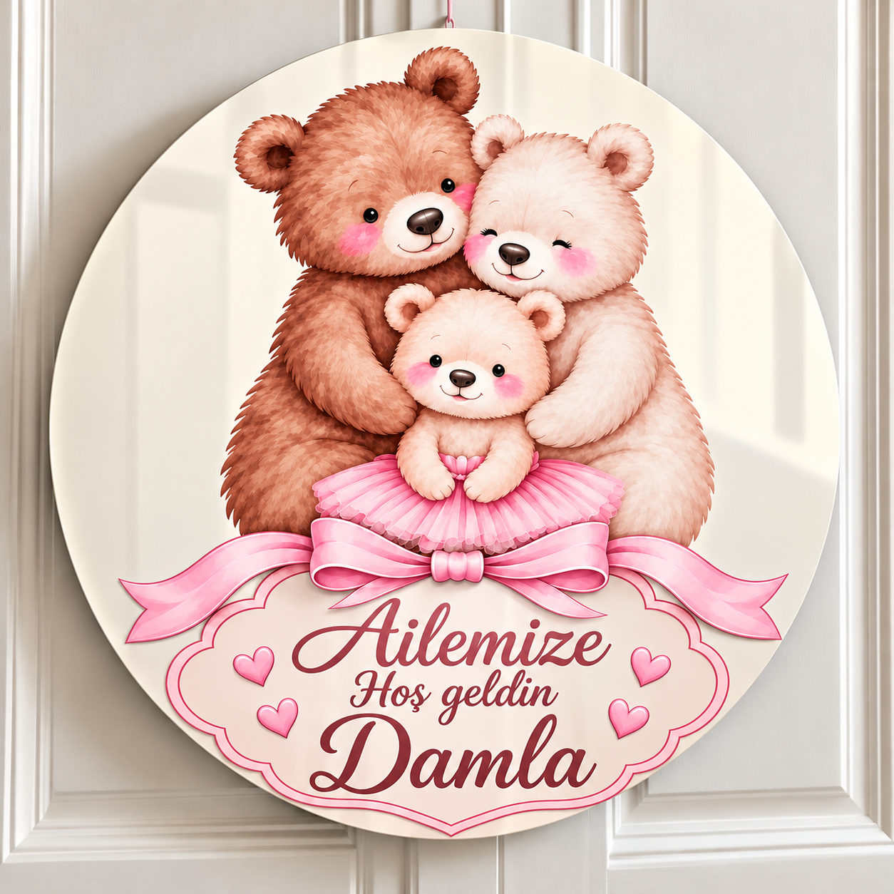 Gümüş Pleksi Aynalı Bebek Kapı Süsü – 30 cm İsimli UV Baskılı Model Aile