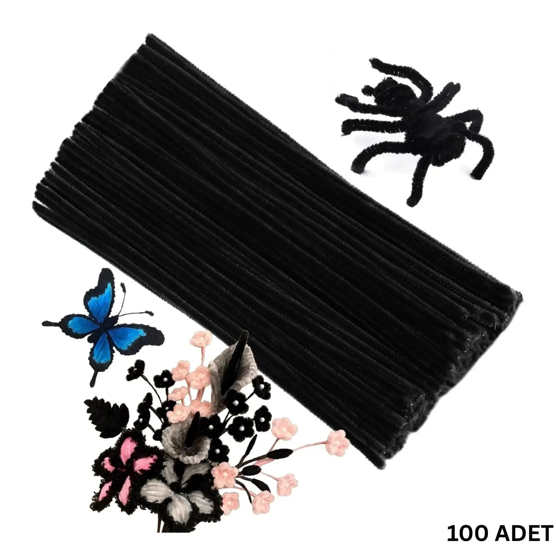 100 lü Şönil Tel (El İşi, DIY, Hobi ve Çiçek Yapım Teli) 6 mm - 30 Cm Siyah - 100 Adet / Paket