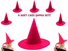 Pembe Fuşya Renk Keçe Cadı Şapkası Yetişkin Çocuk Uyumlu 6 Adet