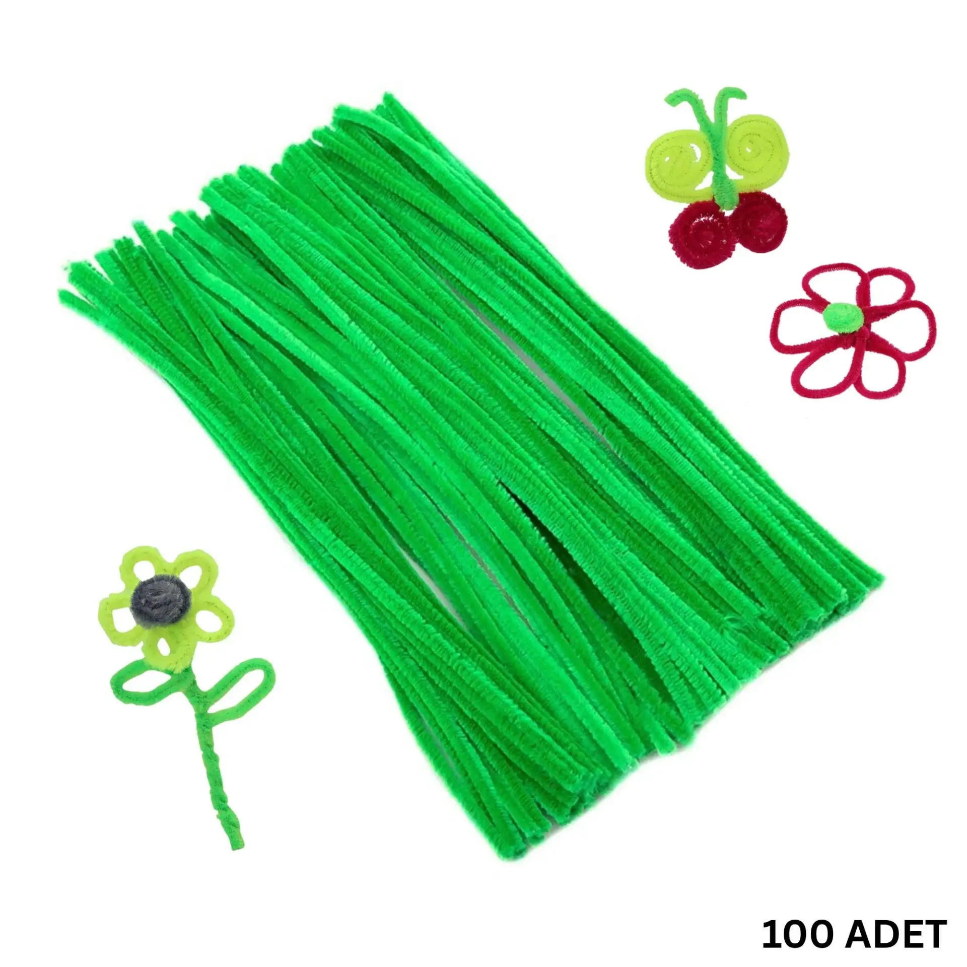 100 lü Şönil Tel (El İşi, DIY, Hobi ve Çiçek Yapım Teli) 6 mm - 30 Cm Açık Yeşil - 100 Adet / Paket