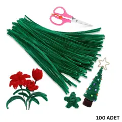 100 lü Şönil Tel (El İşi, DIY, Hobi ve Çiçek Yapım Teli) 6 mm - 30 Cm Koyu Yeşil - 100 Adet / Paket