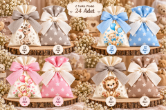 İki Renkli Baskılı Kese Seti – İsimli Bebek Hediyelik Kesesi 24 Adet 9×12 cm GRİ