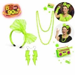 80’ler 90’lar Neon Yeşil Parti Seti – Kolye Küpe Taç
