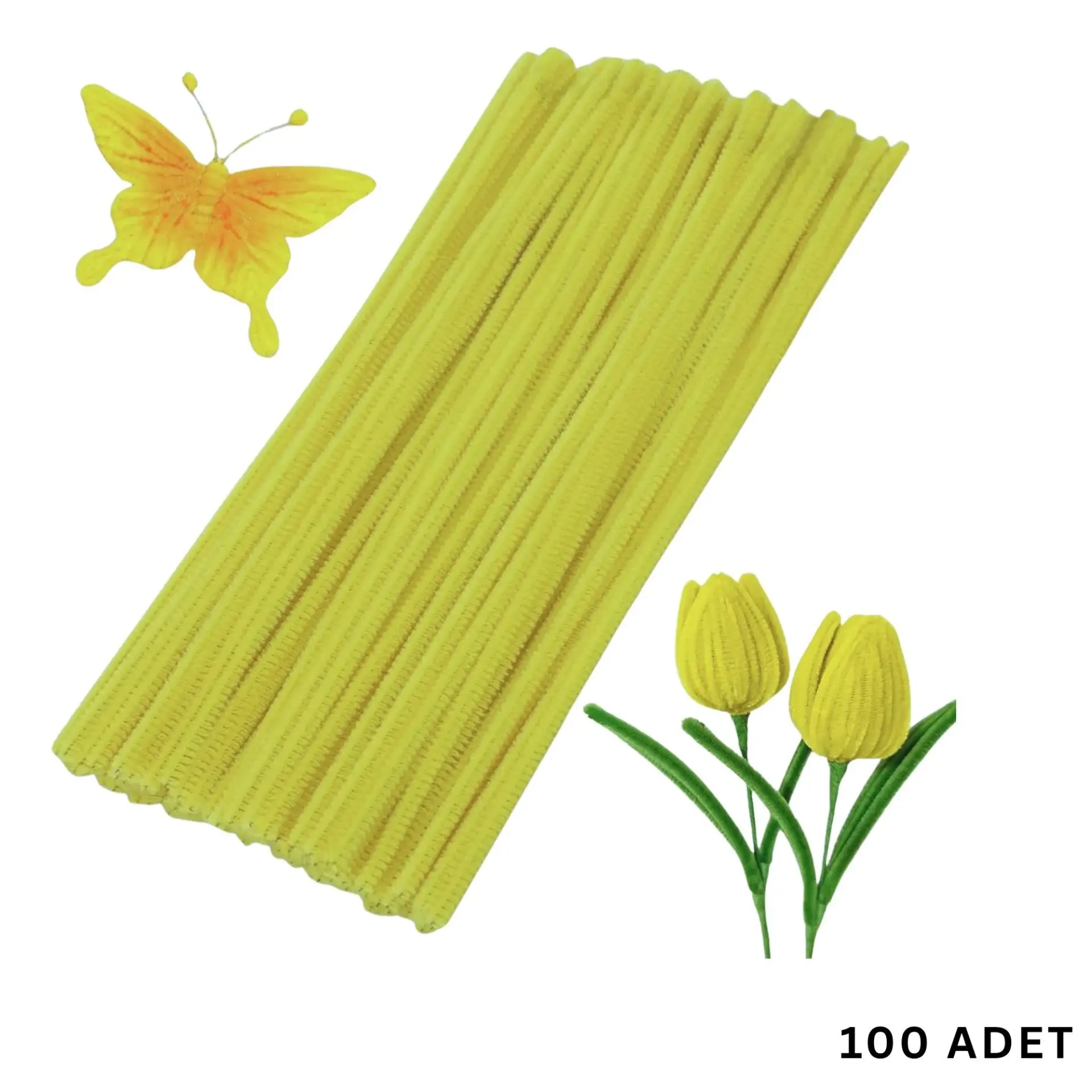 100 lü Şönil Tel (El İşi, DIY, Hobi ve Çiçek Yapım Teli) 6 mm - 30 Cm Sarı - 50 Adet / Paket