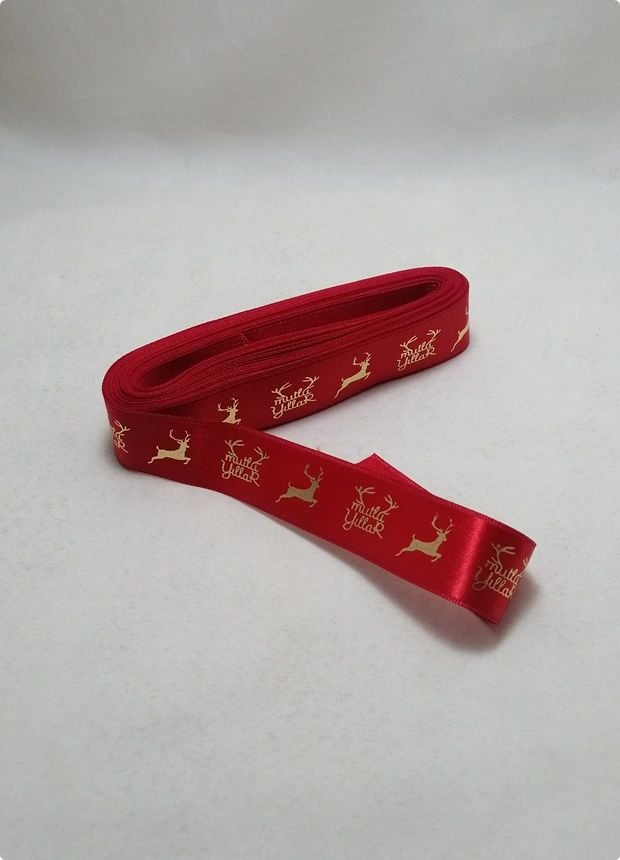 2 Cm Geyikli Kırmızı Zemin Yılbaşı Kurdela 10 Mt.