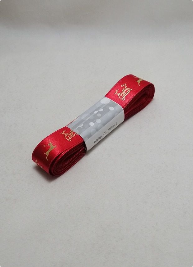 2 Cm Geyikli Kırmızı Zemin Yılbaşı Kurdela 10 Mt.