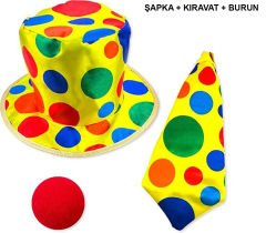 Renkli Palyaço Kostüm Seti – 3 Parça Aksesuar (Şapka, Kravat, Burun)