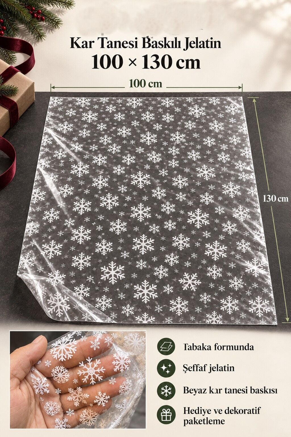 Yılbaşı Kar Tanesi Baskılı Şeffaf Jelatin, 100x130 cm, Yeniyıl Hediye Paketleme Jelatini,
