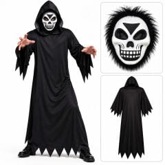 Tüylü Eva Kafatası Maskeli Siyah Hayalet Kostümü – 140 cm