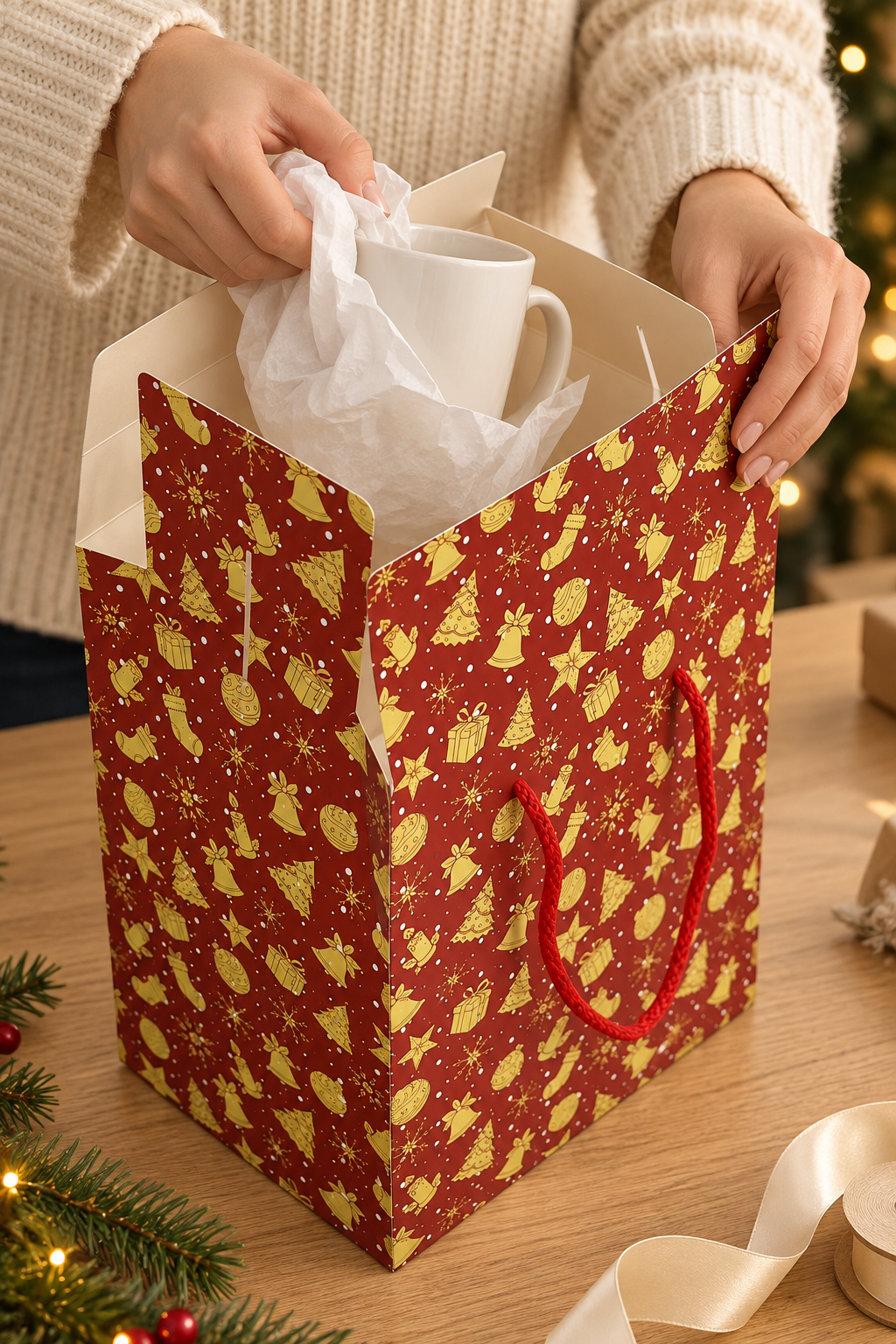 Yeniyıl Hediye Kutu Çanta 20x25x14 cm - Kırmızı Masal  Taşınabilir Hediye Kutusu & Çantası Özel Tasarım Boş Karton Hediye Paketi