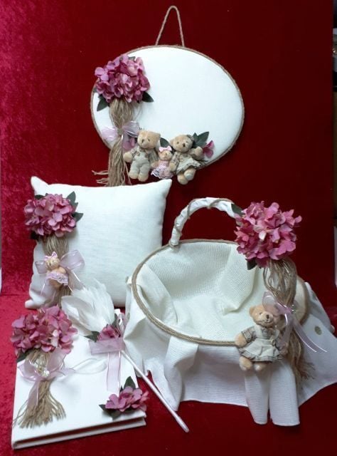 Aile kapı süsü,sepet,takı yastığı,anı defteri (4 lü set Şantuk kumaşlı)