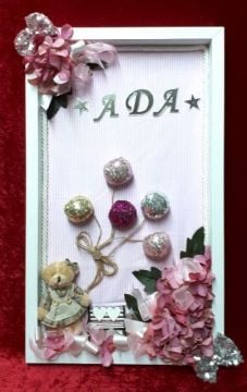 Süslü Dikdörtgen balonlu ayıcıklı Kız Bebek Ahşap kapı süsü