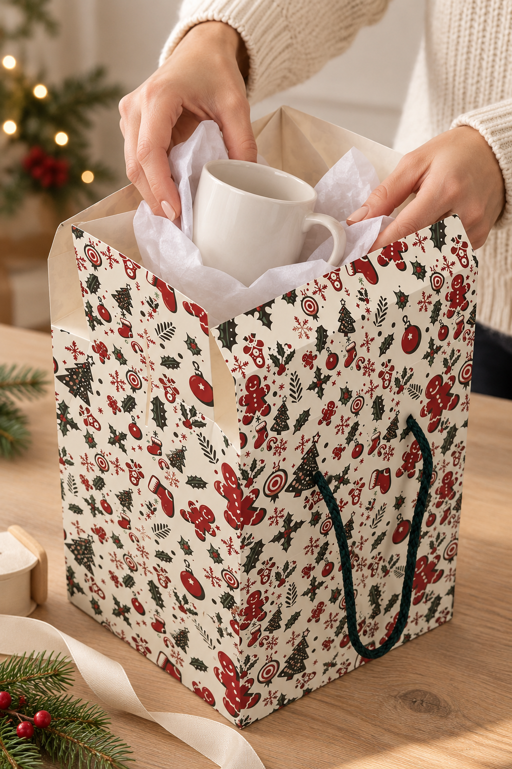 Yeniyıl Hediye Kutu Çanta 20x25x14 cm -Yılbaşı Neşesi Taşınabilir Hediye Kutusu & Çantası Özel Tasarım Boş Karton Hediye Paketi