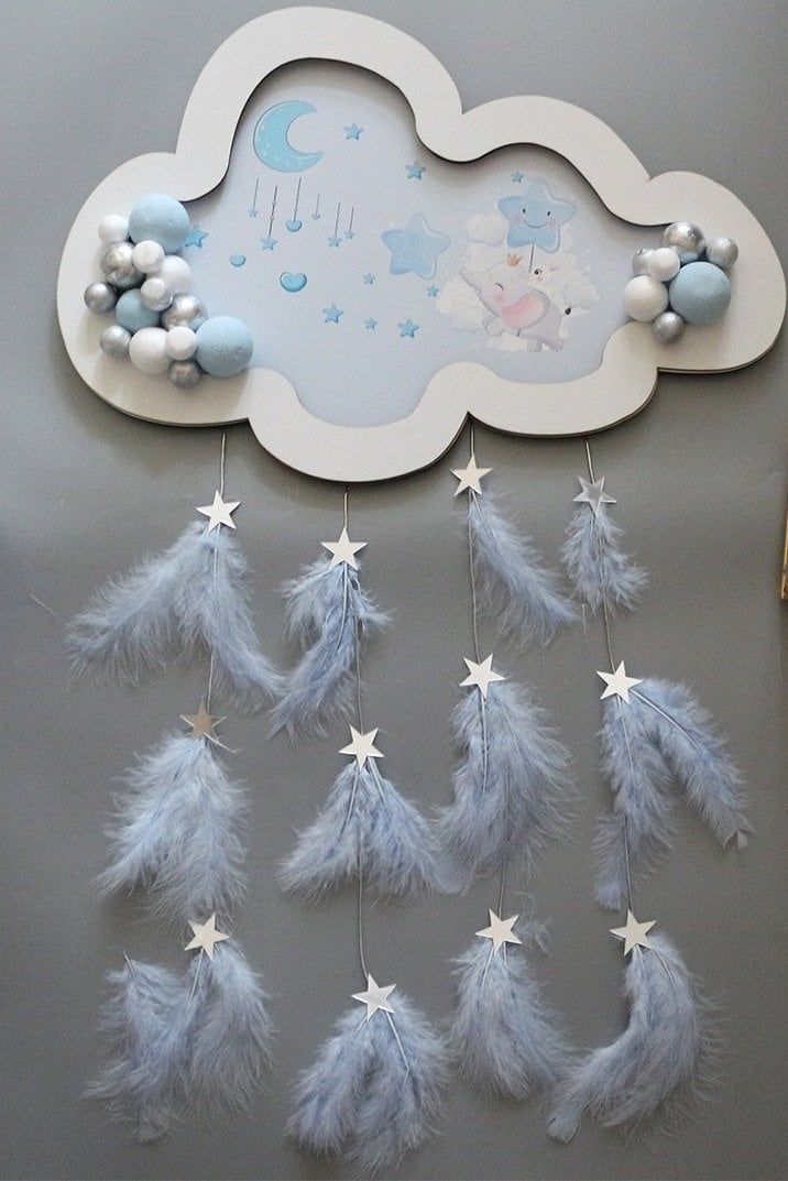 Fil Desenli Ahşap Bulut Kapı Süsü ISIKLI MAVI