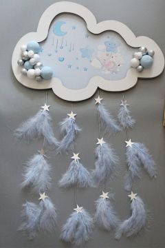 Fil Desenli Ahşap Bulut Kapı Süsü ISIKLI MAVI