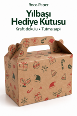 Tutmalı Yeniyıl Desenli Kraft Hediye Kutusu, Yeniyıl Yılbaşı Hediye, Butik Kutusu 11x16x8 cm