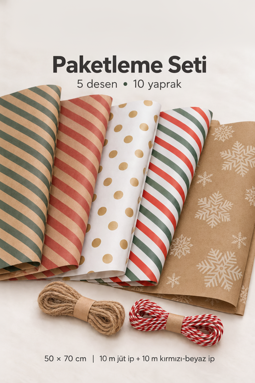 Yeniyıl Hediye Paketleme Seti 10 Kağıt 50*70 cm & 20 mt ip