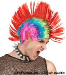 Mohican Mohawk Punk 70 li Yıllar 80 li Yıllar Peruğu Rainbow Peruk Kırmızı Saçaklı