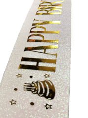Beyaz Üzeri Altın Büyük Happy Birthday Yazılı Simli Işıltılı Kuşak Kemer 10 cm Genişlik