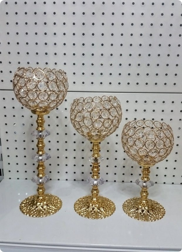 3 lü şamdan Metal yuvarlak tepelikli Taşlı