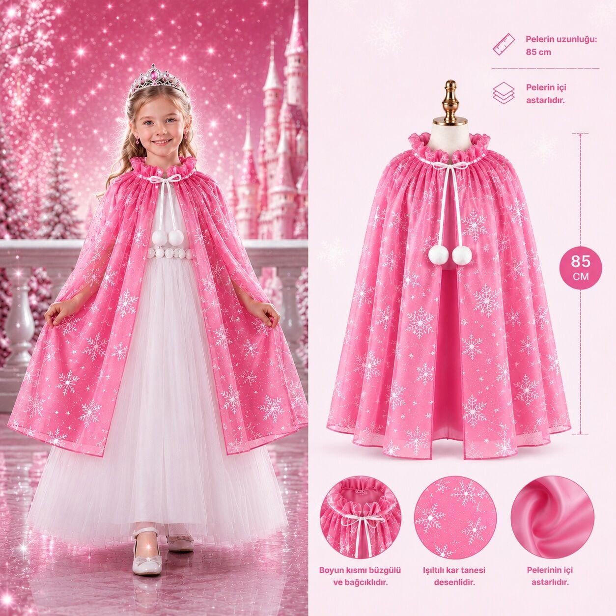 Kar Tanesi Desenli Pembe Elsa Pelerini - Astarlı Frozen Pelerini 85 cm