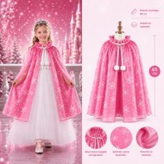 Kar Tanesi Desenli Pembe Elsa Pelerini - Astarlı Frozen Pelerini 85 cm