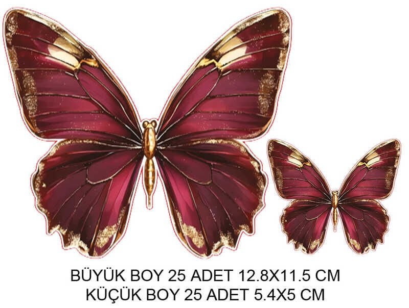 DEKORATİF SÜS İKİ BOY KELEBEK BORDO SET:25 ADET