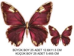 DEKORATİF SÜS İKİ BOY KELEBEK BORDO SET:25 ADET
