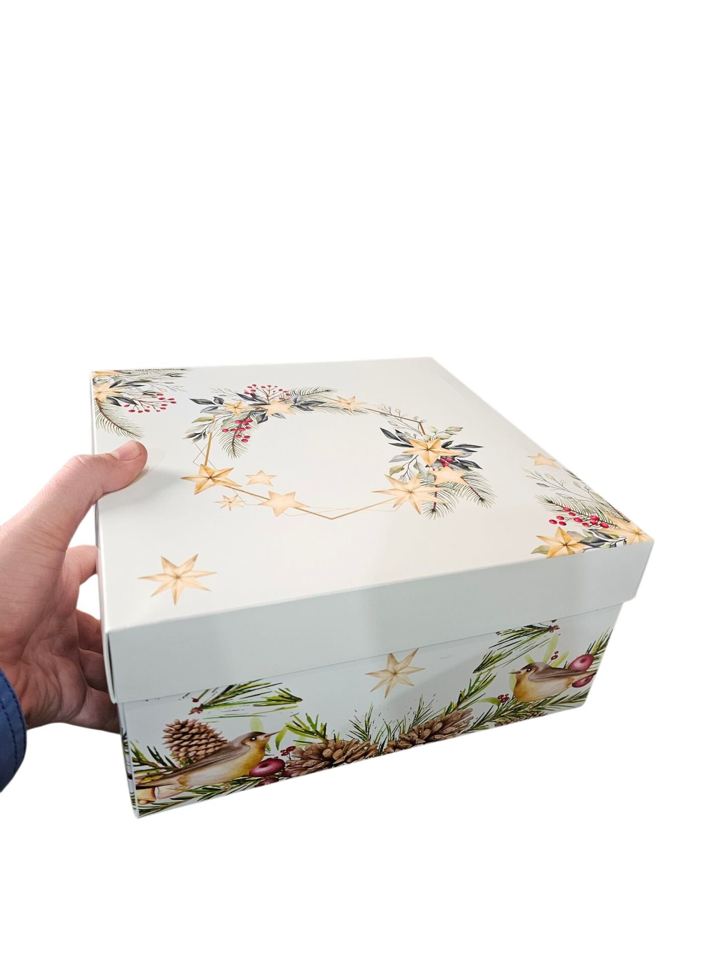 26x26x9 Cm Yılbaşı Desenli Beyaz Komple Karton Hediye Kutuları