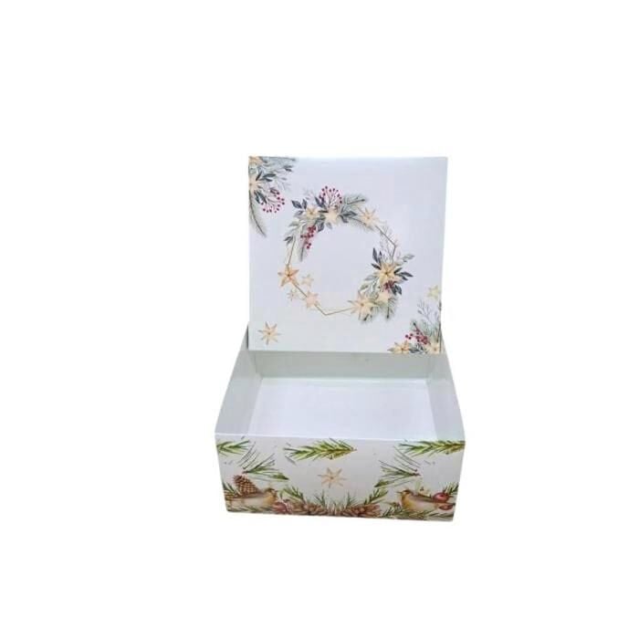 26x26x9 Cm Yılbaşı Desenli Beyaz Komple Karton Hediye Kutuları